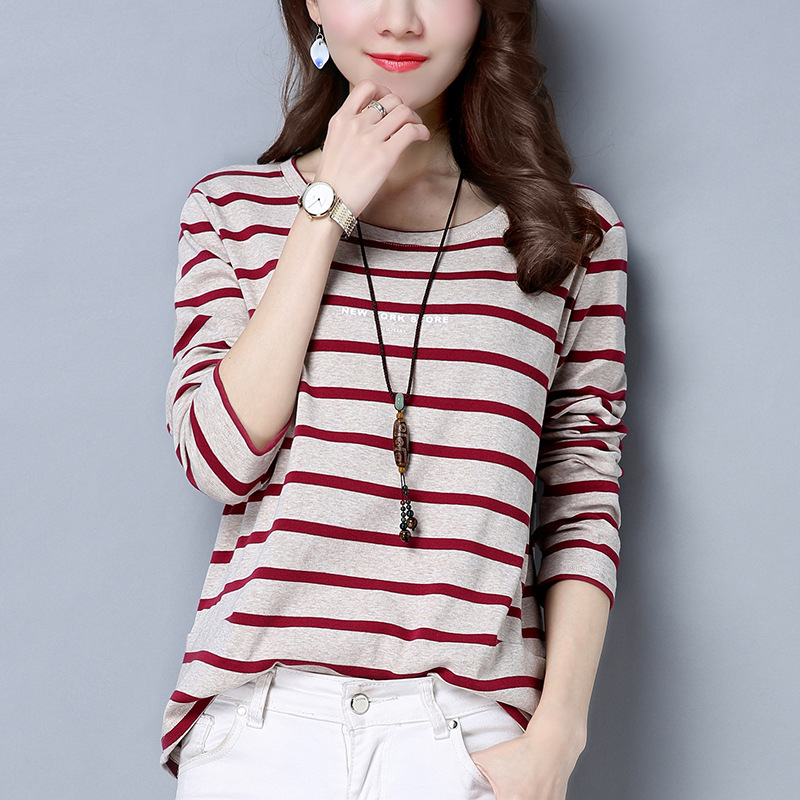 Tricou damă cu mâneci lungi, croială lejeră, model dungat, din amestec de bumbac-poliester, guler rotund