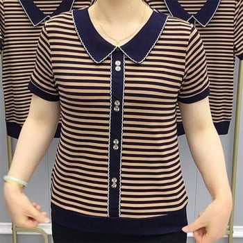 Női póló doll collar-rel, csíkos, rövid ujjú, plusz méret