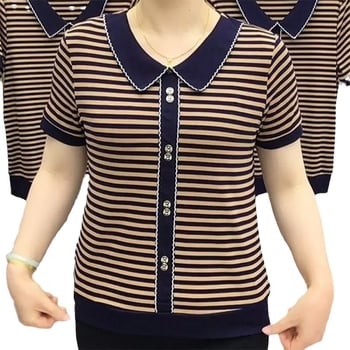 Női póló doll collar-rel, csíkos, rövid ujjú, plusz méret
