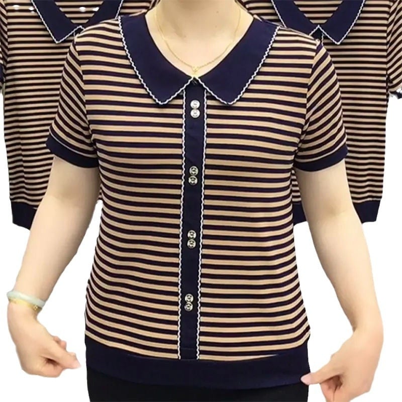 Női póló doll collar-rel, csíkos, rövid ujjú, plusz méret