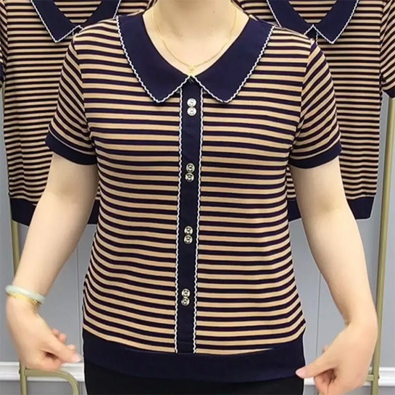 Női póló doll collar-rel, csíkos, rövid ujjú, plusz méret