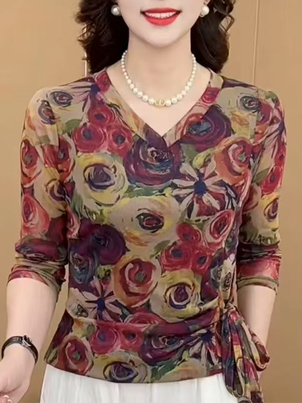 Naise pikkade varrukatega pluus, V-kaelusega, taimeprind, vaba lõige, polüester 80-90%