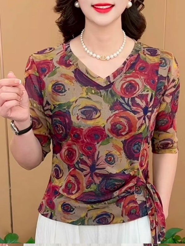 Naise pikkade varrukatega pluus, V-kaelusega, taimeprind, vaba lõige, polüester 80-90%