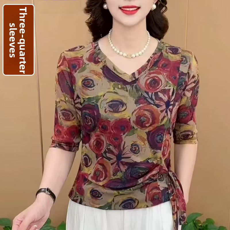 Naise pikkade varrukatega pluus, V-kaelusega, taimeprind, vaba lõige, polüester 80-90%