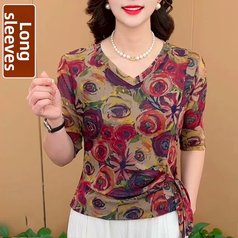 Naise pikkade varrukatega pluus, V-kaelusega, taimeprind, vaba lõige, polüester 80-90%