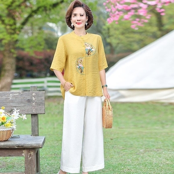 Kaheosaline komplekt emadele - 2025 kevad, TR kangas, polo krae, 3/4 varrukad, Hiina stiil