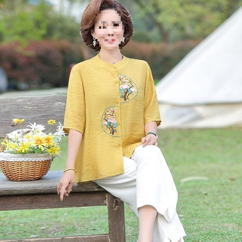 Kaheosaline komplekt emadele - 2025 kevad, TR kangas, polo krae, 3/4 varrukad, Hiina stiil