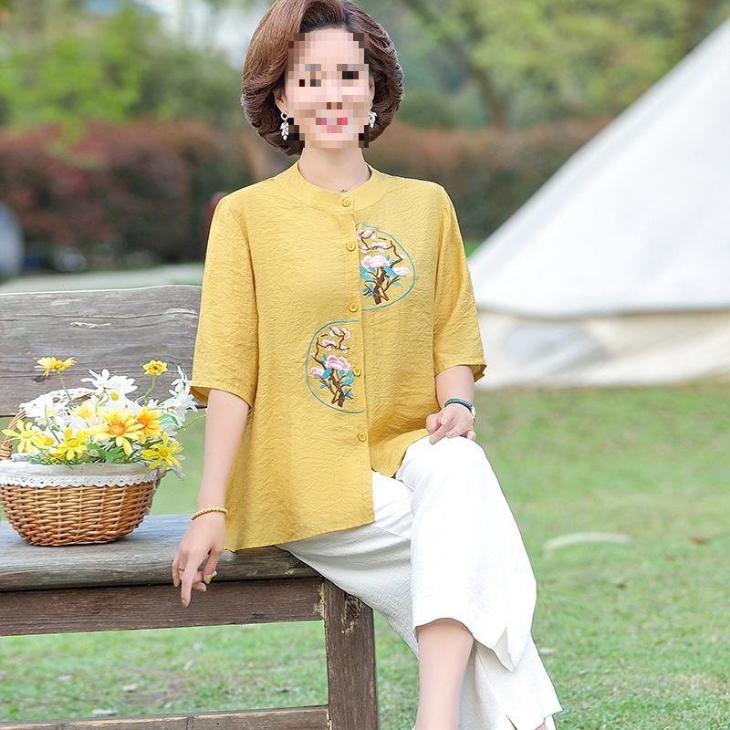 Kaheosaline komplekt emadele - 2025 kevad, TR kangas, polo krae, 3/4 varrukad, Hiina stiil