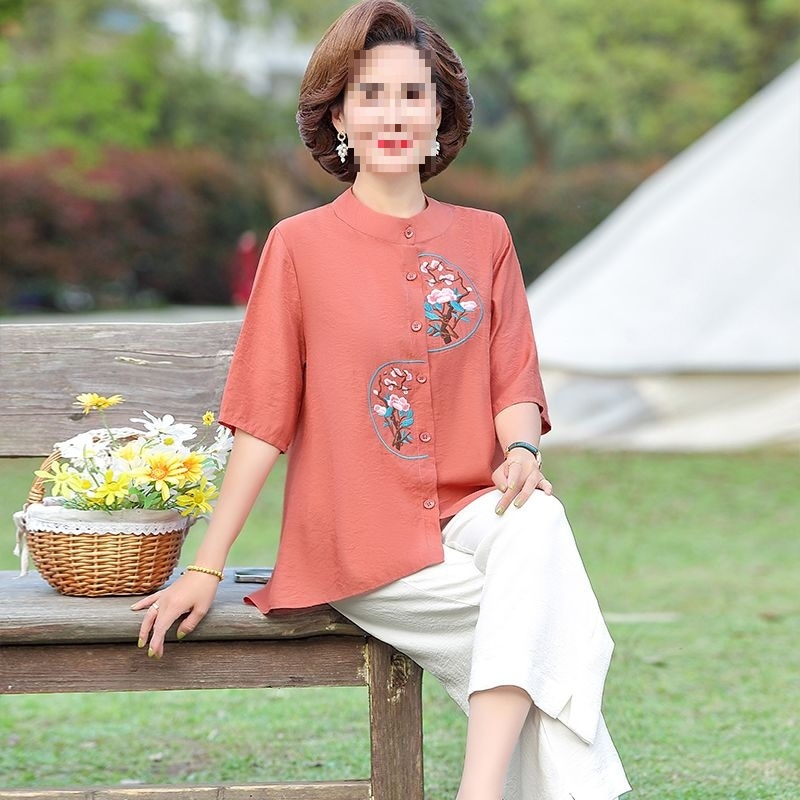 Kaheosaline komplekt emadele - 2025 kevad, TR kangas, polo krae, 3/4 varrukad, Hiina stiil