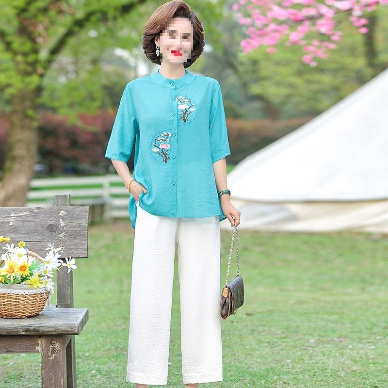 Kaheosaline komplekt emadele - 2025 kevad, TR kangas, polo krae, 3/4 varrukad, Hiina stiil