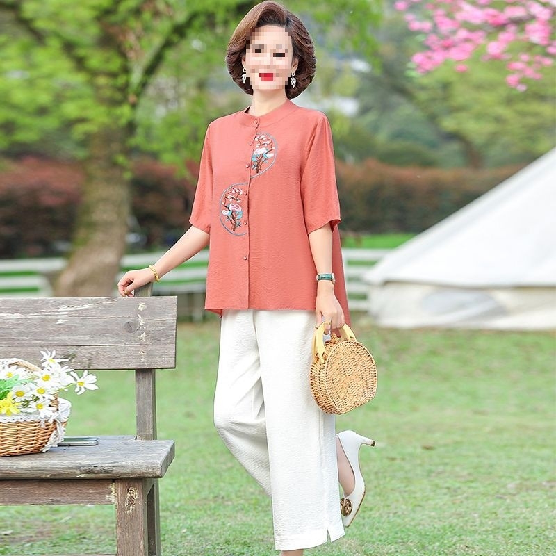 Kaheosaline komplekt emadele - 2025 kevad, TR kangas, polo krae, 3/4 varrukad, Hiina stiil