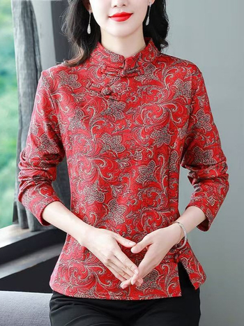 Novi kineski stil majice s stojećim ovratnikom i jacquard uzorkom, dugi rukav, flis podstava za jesen-zimu, osnovni sloj za žene srednje dobi i starije