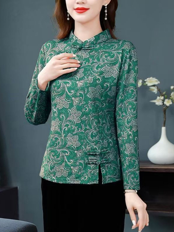 Novi kineski stil majice s stojećim ovratnikom i jacquard uzorkom, dugi rukav, flis podstava za jesen-zimu, osnovni sloj za žene srednje dobi i starije
