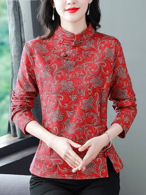 Novi kineski stil majice s stojećim ovratnikom i jacquard uzorkom, dugi rukav, flis podstava za jesen-zimu, osnovni sloj za žene srednje dobi i starije