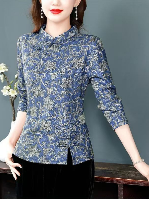 Novi kineski stil majice s stojećim ovratnikom i jacquard uzorkom, dugi rukav, flis podstava za jesen-zimu, osnovni sloj za žene srednje dobi i starije