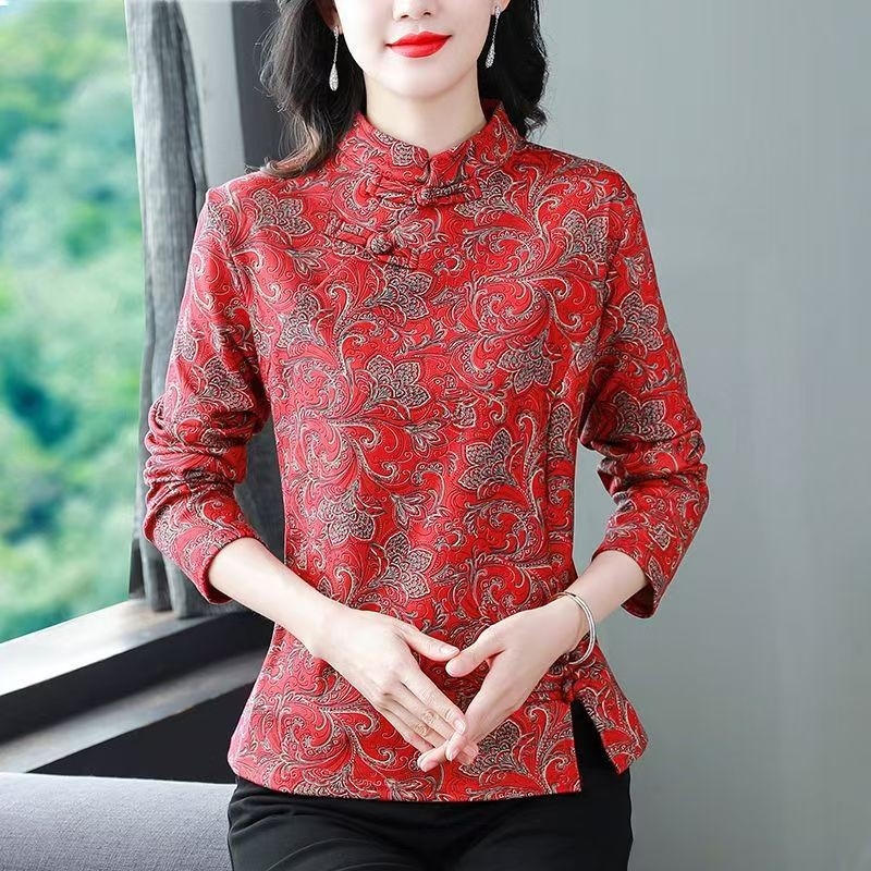 Novi kineski stil majice s stojećim ovratnikom i jacquard uzorkom, dugi rukav, flis podstava za jesen-zimu, osnovni sloj za žene srednje dobi i starije