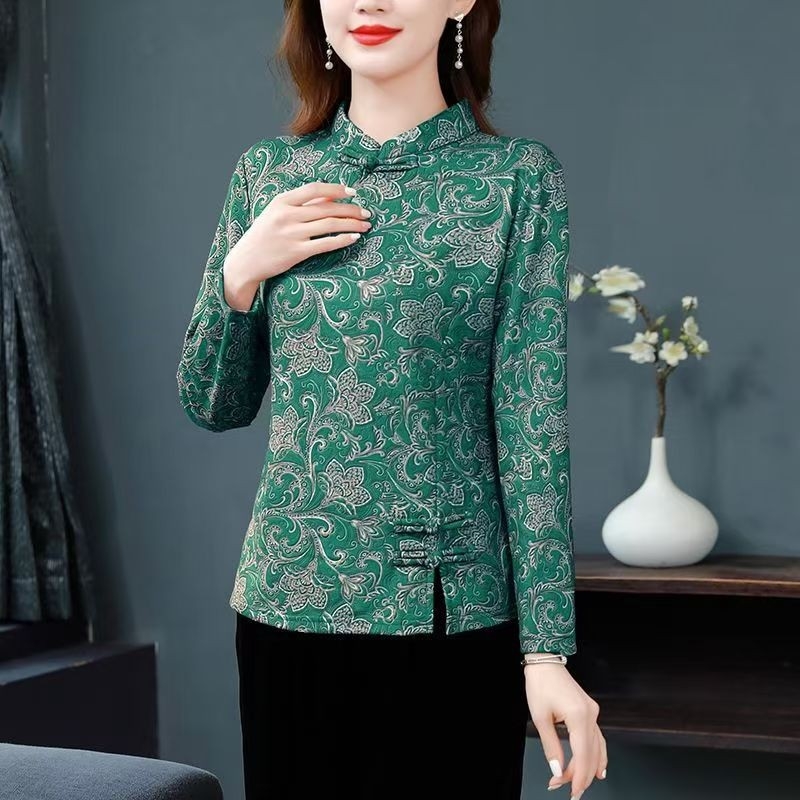 Novi kineski stil majice s stojećim ovratnikom i jacquard uzorkom, dugi rukav, flis podstava za jesen-zimu, osnovni sloj za žene srednje dobi i starije