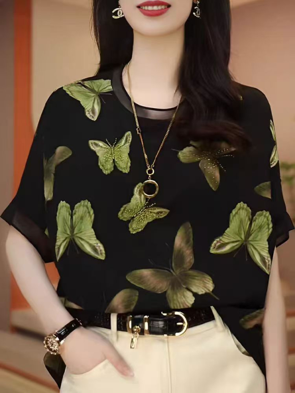 Plus-suurusega lühikeste varrukatega topp, ümmarguse kaelusega, killustatud lillemustriga, polüester 90–95% + 70–80%, kristallide detailid, pikkus ≤40 cm