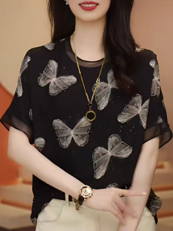 Plus-suurusega lühikeste varrukatega topp, ümmarguse kaelusega, killustatud lillemustriga, polüester 90–95% + 70–80%, kristallide detailid, pikkus ≤40 cm