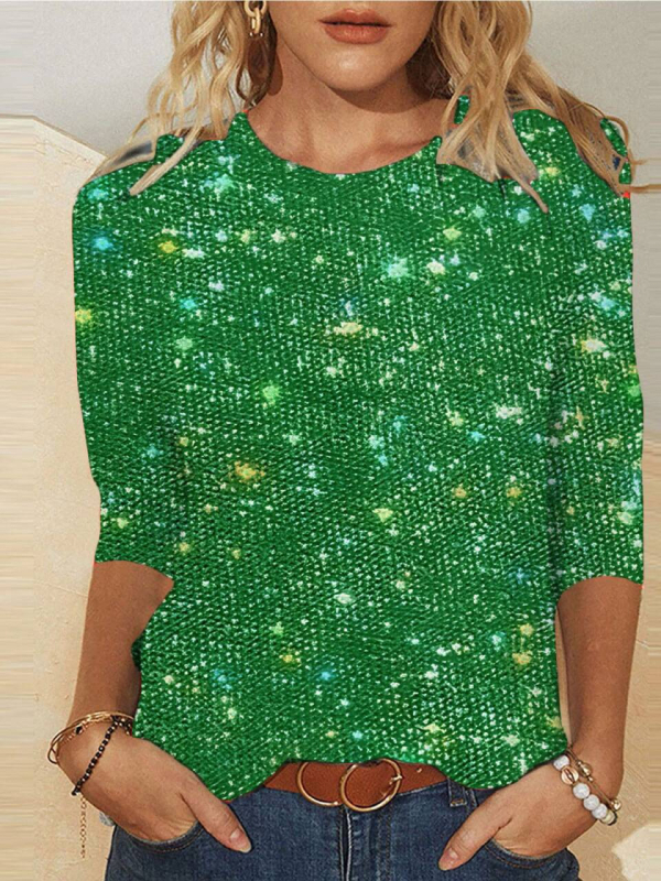 Poliesterska majica s šljokicama, 3/4 rukava, okrugli izrez, pulover stil