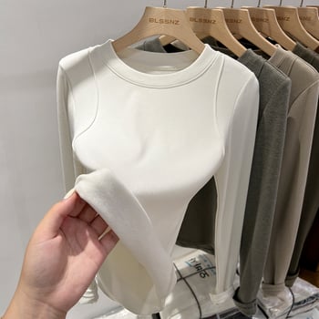 Ženski osnovni top s dugim rukavima i okruglim izrezom, Derong tkanina, 30–50% elastan, uski kroj, zima 2024