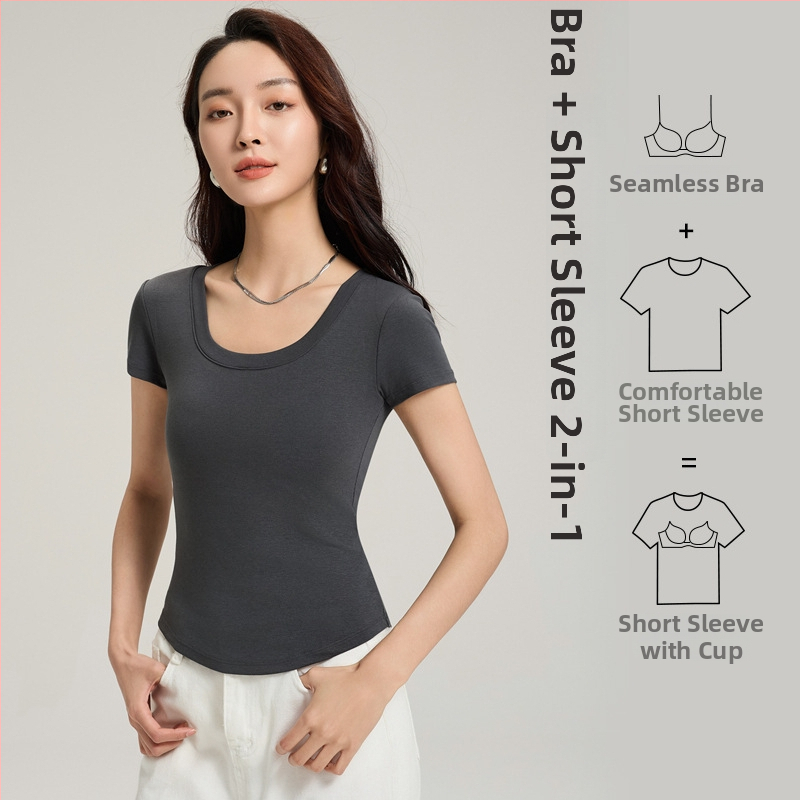 Tricou cu mâneci scurte, cu cupă integrată, din amestec Tencel și bumbac, croială slim, stil coreean