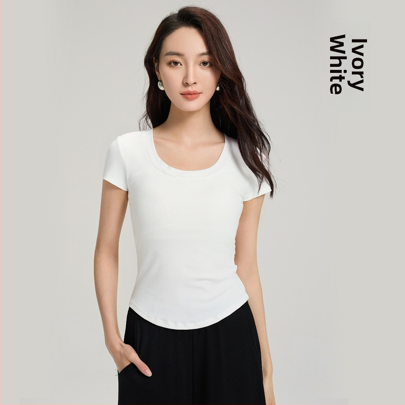 Tricou cu mâneci scurte, cu cupă integrată, din amestec Tencel și bumbac, croială slim, stil coreean