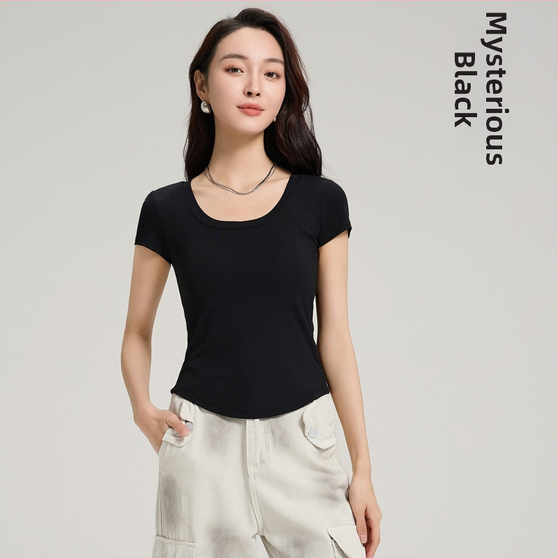 Tricou cu mâneci scurte, cu cupă integrată, din amestec Tencel și bumbac, croială slim, stil coreean