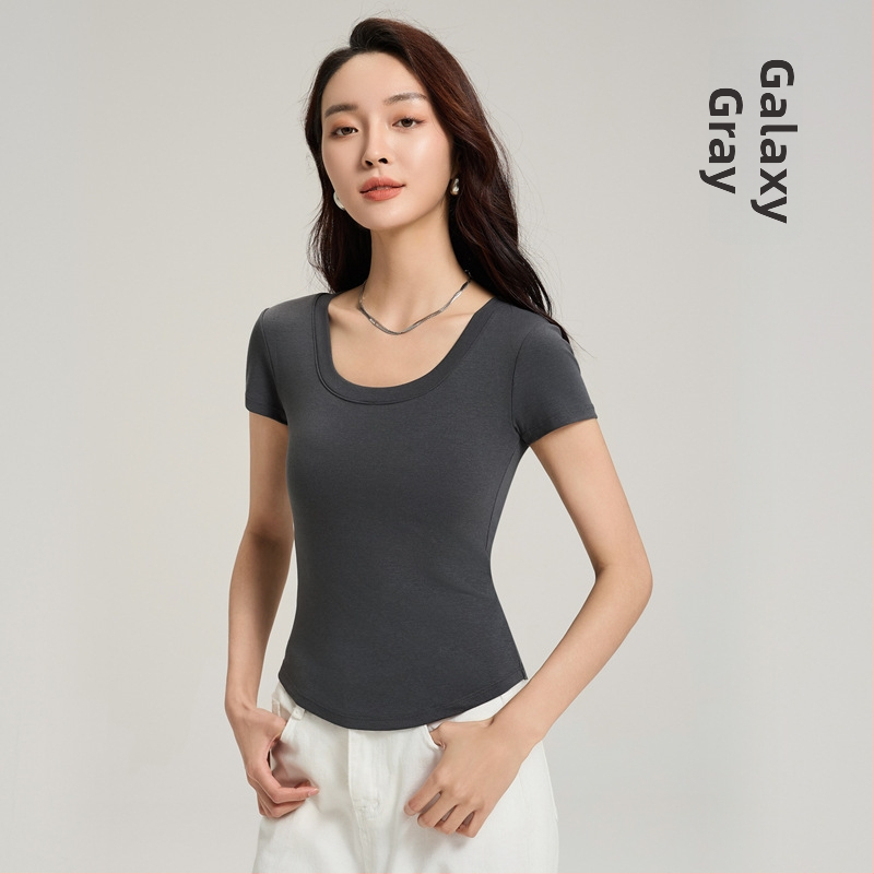 Tricou cu mâneci scurte, cu cupă integrată, din amestec Tencel și bumbac, croială slim, stil coreean