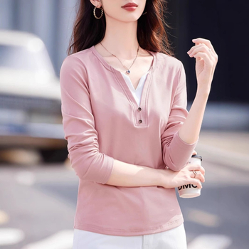 Ženski T-shirt s V izrezom i dugim rukavima, patchwork dizajn, jednobojna, poliester 50–70% glavni i 30–50% sekundarni