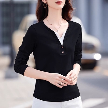 Ženski T-shirt s V izrezom i dugim rukavima, patchwork dizajn, jednobojna, poliester 50–70% glavni i 30–50% sekundarni