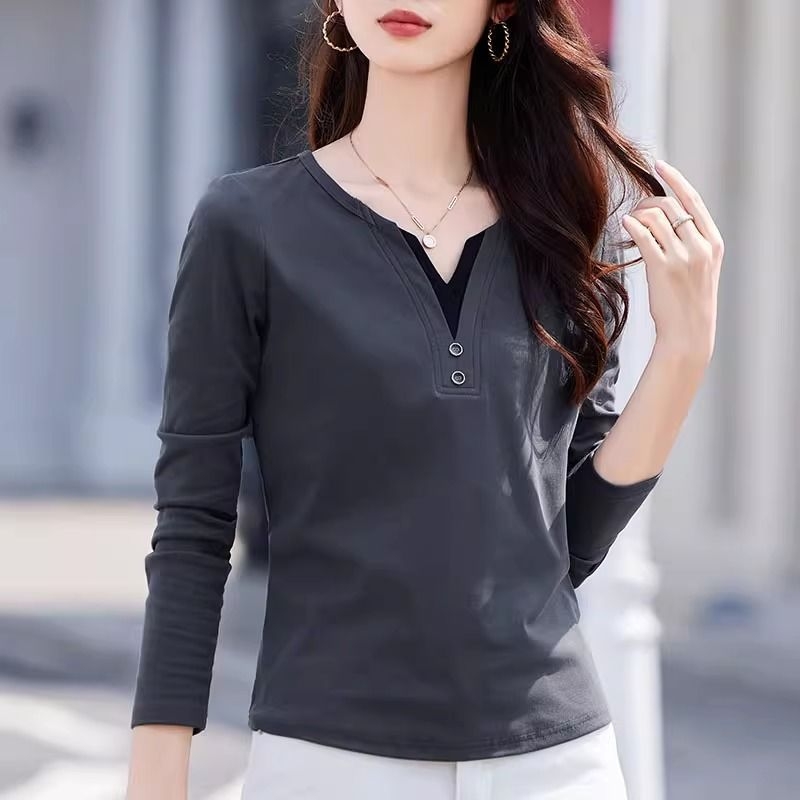 Ženski T-shirt s V izrezom i dugim rukavima, patchwork dizajn, jednobojna, poliester 50–70% glavni i 30–50% sekundarni