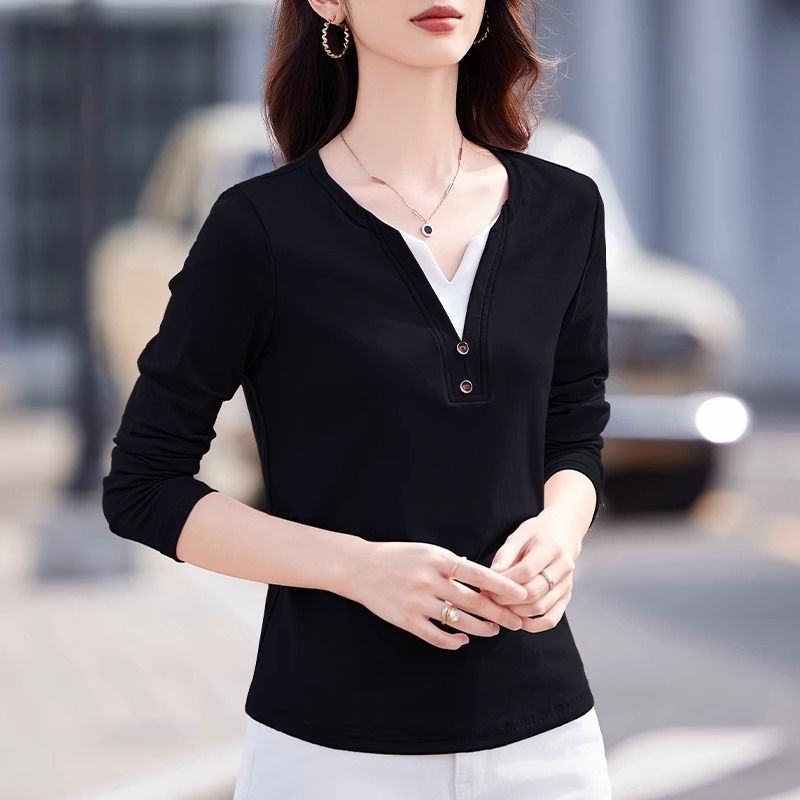 Ženski T-shirt s V izrezom i dugim rukavima, patchwork dizajn, jednobojna, poliester 50–70% glavni i 30–50% sekundarni