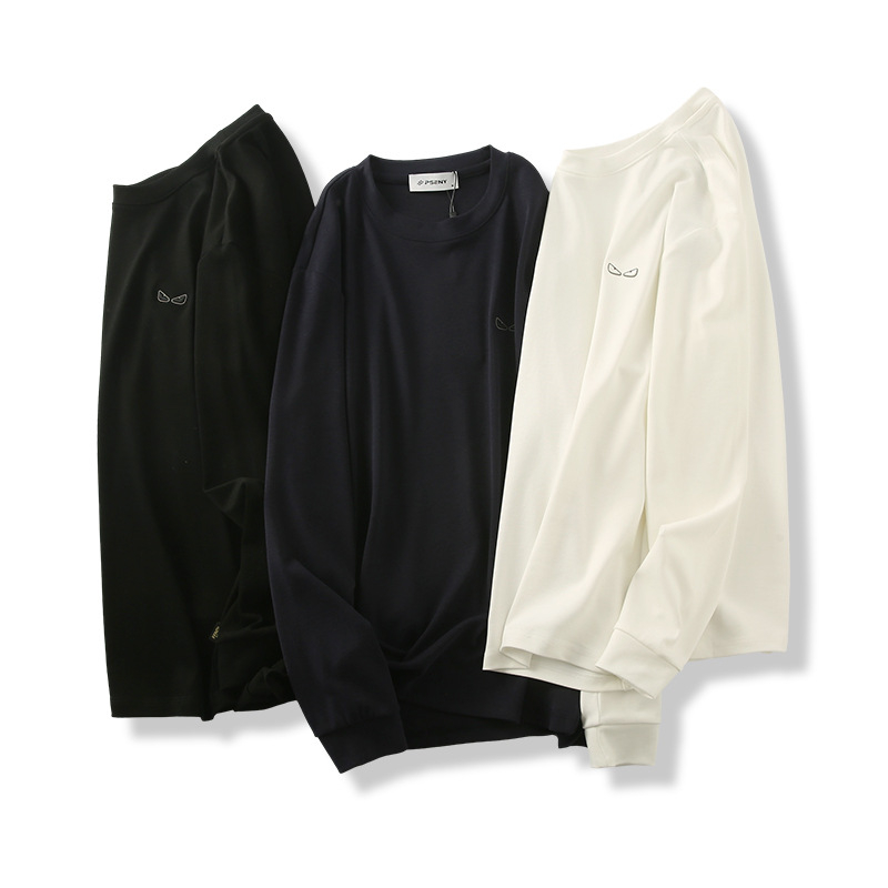 Tricou bărbătesc cu guler rotund, mâneci lungi, broderie cu demon pe bumbac moale, respirabil și evacuează umezeala, croială dreaptă, stil streetwear.