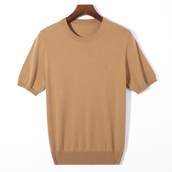 Tricou pentru bărbați, tricot din lână, Mulberry silk, guler rotund, mâneci scurte, croială largă