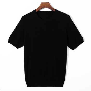 Tricou pentru bărbați, tricot din lână, Mulberry silk, guler rotund, mâneci scurte, croială largă