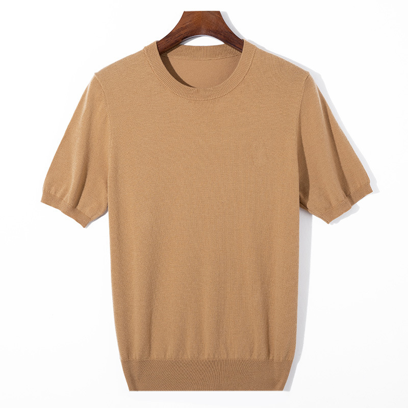 Tricou pentru bărbați, tricot din lână, Mulberry silk, guler rotund, mâneci scurte, croială largă