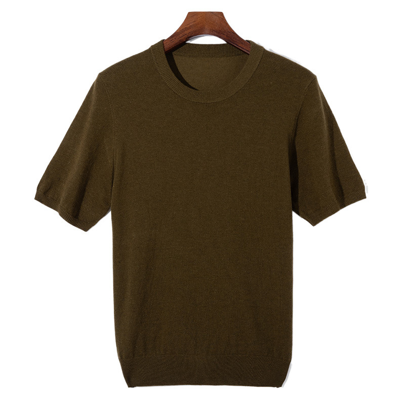 Tricou pentru bărbați, tricot din lână, Mulberry silk, guler rotund, mâneci scurte, croială largă