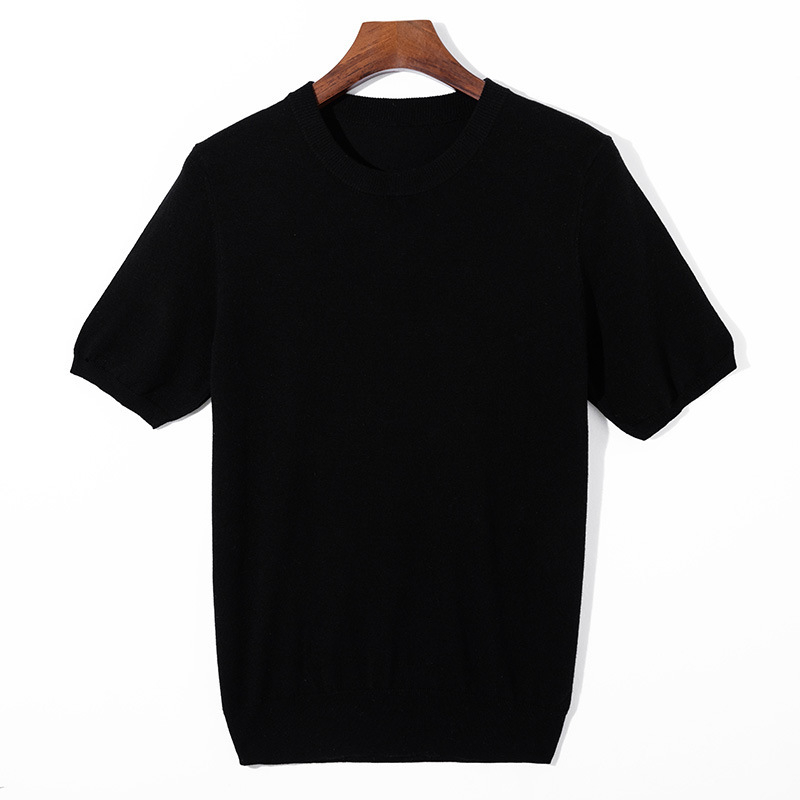 Tricou pentru bărbați, tricot din lână, Mulberry silk, guler rotund, mâneci scurte, croială largă