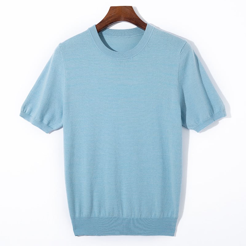 Tricou pentru bărbați, tricot din lână, Mulberry silk, guler rotund, mâneci scurte, croială largă