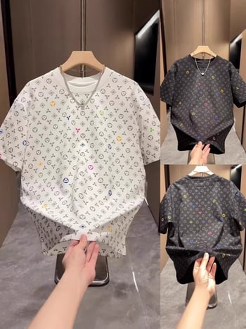 Tricou bărbați cu mânecă scurtă, din amestec de bumbac, print pe toată suprafața, guler rotund, vară 2025