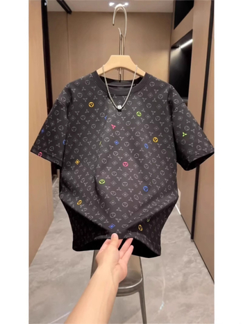 Tricou bărbați cu mânecă scurtă, din amestec de bumbac, print pe toată suprafața, guler rotund, vară 2025