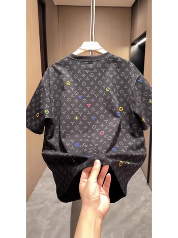 Tricou bărbați cu mânecă scurtă, din amestec de bumbac, print pe toată suprafața, guler rotund, vară 2025