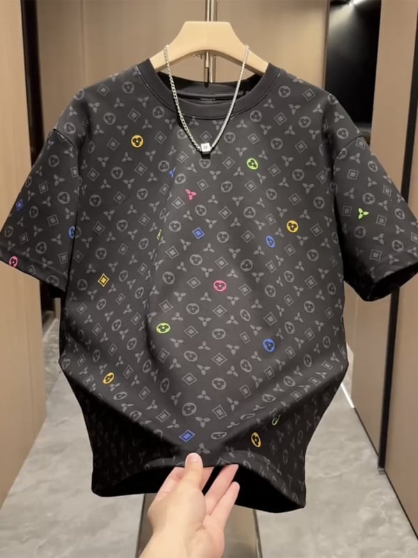 Tricou bărbați cu mânecă scurtă, din amestec de bumbac, print pe toată suprafața, guler rotund, vară 2025