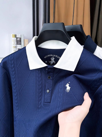 Tricou bărbați cu guler lapel, croială Slim, mâneci lungi; 95% poliester, 5% elastan; fără călcare