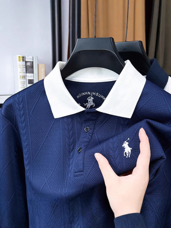 Tricou bărbați cu guler lapel, croială Slim, mâneci lungi; 95% poliester, 5% elastan; fără călcare