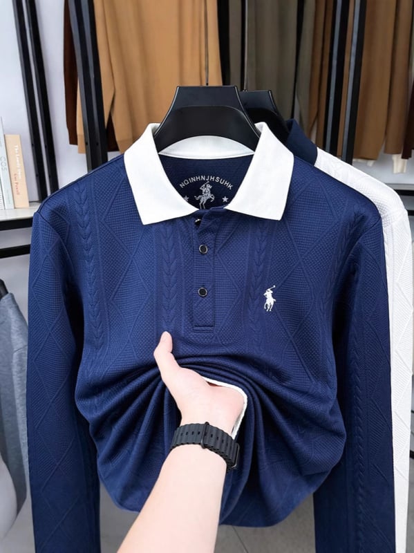 Tricou bărbați cu guler lapel, croială Slim, mâneci lungi; 95% poliester, 5% elastan; fără călcare