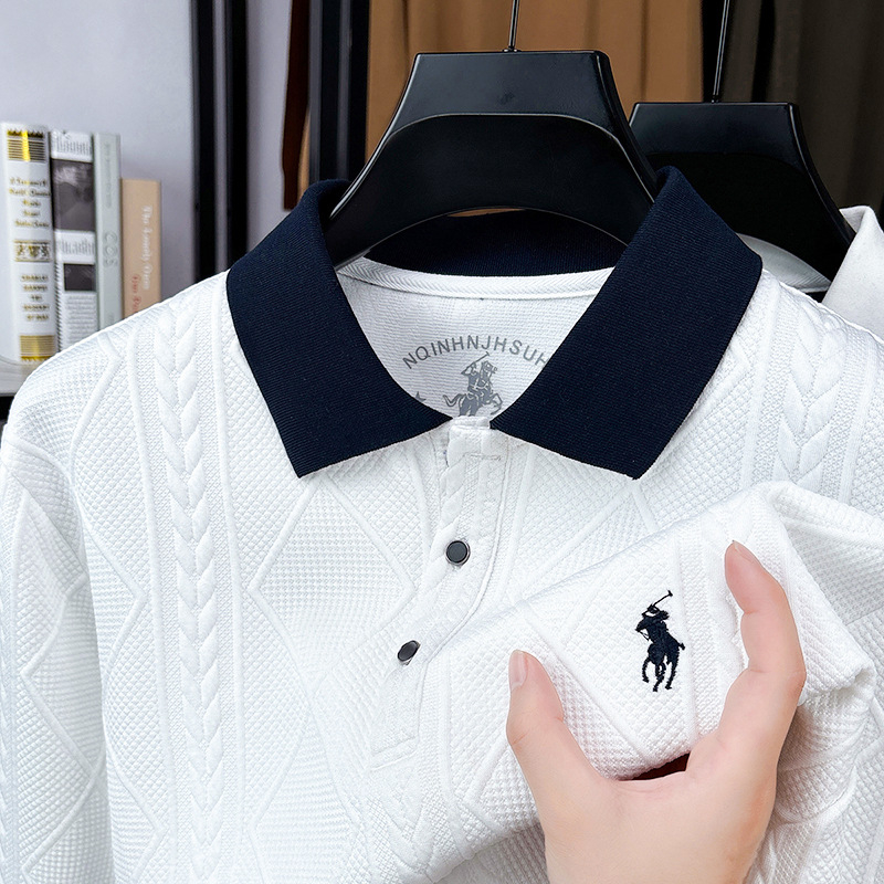 Tricou bărbați cu guler lapel, croială Slim, mâneci lungi; 95% poliester, 5% elastan; fără călcare