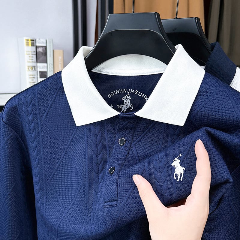 Tricou bărbați cu guler lapel, croială Slim, mâneci lungi; 95% poliester, 5% elastan; fără călcare