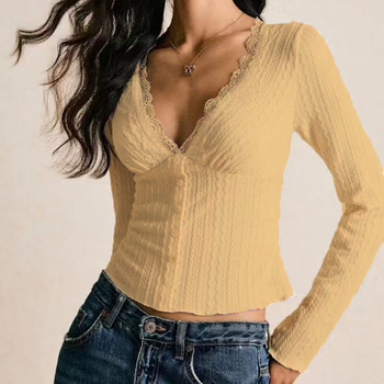 Top damă slim cu decolteu în V și mâneci lungi, din poliester, lungime medie, sezon toamnă-iarnă